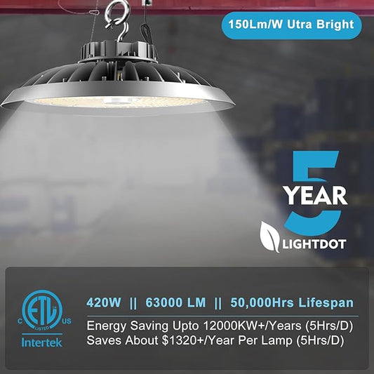 420W LED High Bay Light 5000K Daylight UFO Commercial Bay Light AC100-277V, 63000LM (1680W MH/HPS) High Bay LED Shop Lights with Plug and US Hook-4Pack