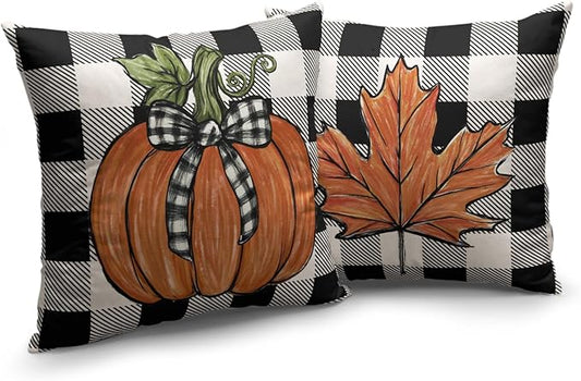 Fall Outdoor Throw Pillow Covers 22x22 Set of 2 Orange Pumpkin Maple Leaves Buffalo Plaid Autumn Decorative Pillow Cases Farmhouse Thanksgiving Cushion Cases for Couch Sofa