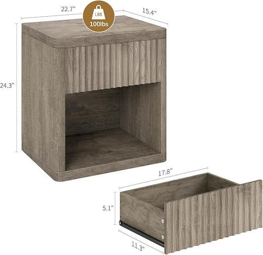 Night Stand Wide Bedside Table End Tables with Storage and Drawers, Modern Fluted Nightstand Side Table for Bedroom Living Room, Grey
