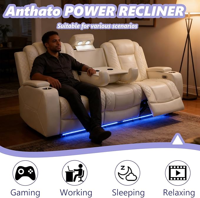 Leather Power Recliner Sofa Set, Living Room Furniture Sets, 2 Piece Reclining Sofa Set with LED, Modern Recliner Couches with Arm Storage/Cup Holders/Charging Ports for Home Theater/Office