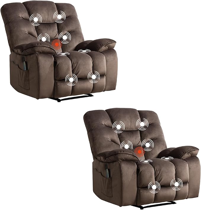 HAOMARKETS Power Recliner Chair Set of 2 with Massage and Heat, 41" Wide Electric Reclining Chairs with USB Port, Breathable Fabric Overstuffed Reclining Sofa for Living Room, Brown