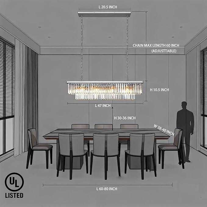 12-Lights Modern Rectangular Crystal Chandeliers Rectangle Contemporary Linear Pendant Ceiling Light Fixture for Kitchen Island Dining Room Bar, Black 47 Inch
