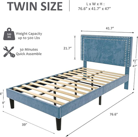 Twin Size Platform Bed Frame with Adjustable Upholstered Headboard, Modern Mattress Foundation, Strong Wood Slat Support, No Box Spring Needed, Easy Assembly