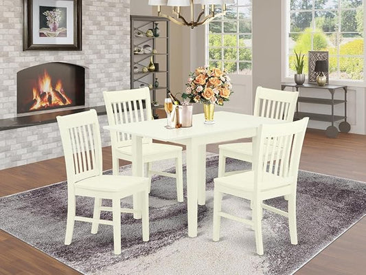 East West Furniture NDNO5-LWH-W 5 Piece Dinette Set for 4 Includes a Rectangle Dining Table with Dropleaf and 4 Dining Room Chairs, 30x48 Inch, Linen White