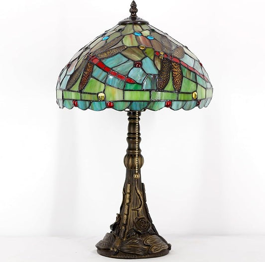 Tiffany Table Lamp Stained Glass Lamp 12X12X19 Inch Antique Reading Light (Green Red Dragonfly)