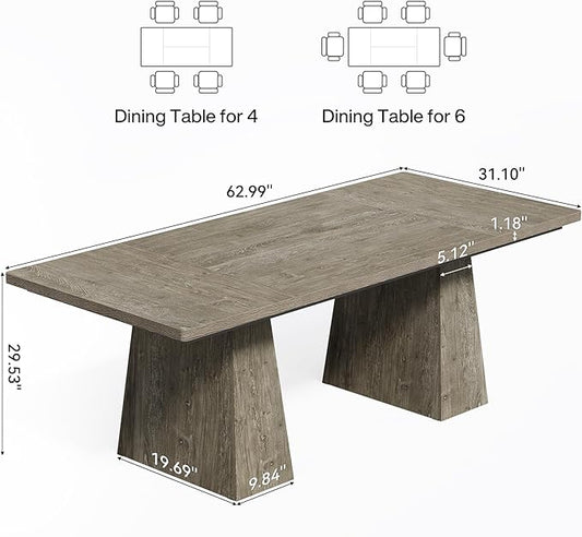 LITTLE TREE Dining Table for 6 People, Wooden Table, Rectangle Furniture with Heavy Duty Legs, Modern Kitchen Table for Home, Dining Room, Grey