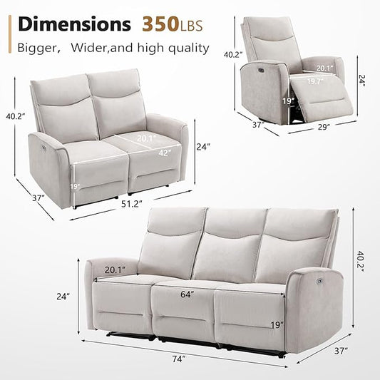 ANJ 3Pieces Recliner Sofa Furniture Set,Power Swivel Recliner Chair with USB Port, 2-Seater Loveseat Sofa and 80" Wide Overstuffed 3 Seater Reclining Couch for Living Room, Light Grey