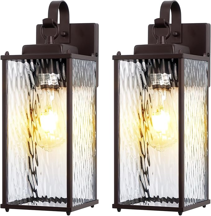 Oil Rubbed Bronze Outdoor Light Fixtures Water Ripple Glass 15โ 2 Pack, Vintage Brown Exterior Lights for House IP65 Waterproof Outside Wall Sconce Lighting Coach Lights Patio Wall Lanterns