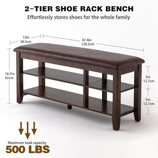PY HOME & SPORTS Shoe Rack for Entryway 47": 2-Tier Shoe Storage Bench, Adjustable/Removable Shelves, Rubberwood Shoe Benches for Hallway, Porch, Bathroom, Brown