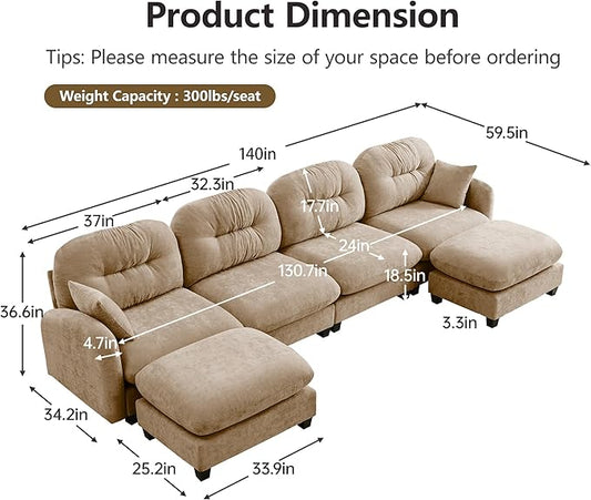 KEIKI 140" U-Shaped Oversized Chenille Modular Sectional Sofa with 2 Ottoman, High-Density Foam Cushions, Tufted Pleated Cushion Backrest, Modern 4-Seater Couch with 2 Pillow, for Living Room, Camel
