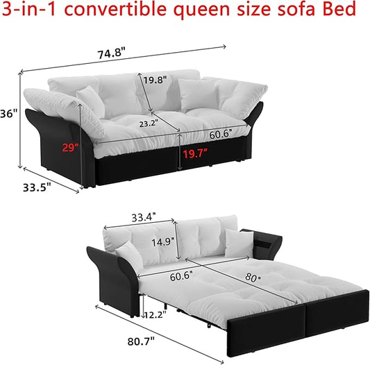 Eafurn 3-in-1 Convertible Sofa Bed Queen Size Pull Out Sleeper Sofa with Skin-Friendly Velvet Fabric, Multi-Functional Loveseat with Pillow Armrest for Guest Room & Living Room