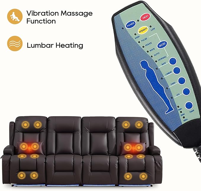IPKIG Power Recliner Sofa with Flip-Up Backrest Console, USB & USB-C Ports, AC Outlet, LED Lights, Wall Hugger Recliners for Living Room, RV (Brown, 98.7" - 4 Seat) | Faux Leather, Zero Gravity, Dual Reclining, 2 Lumabr Pillow