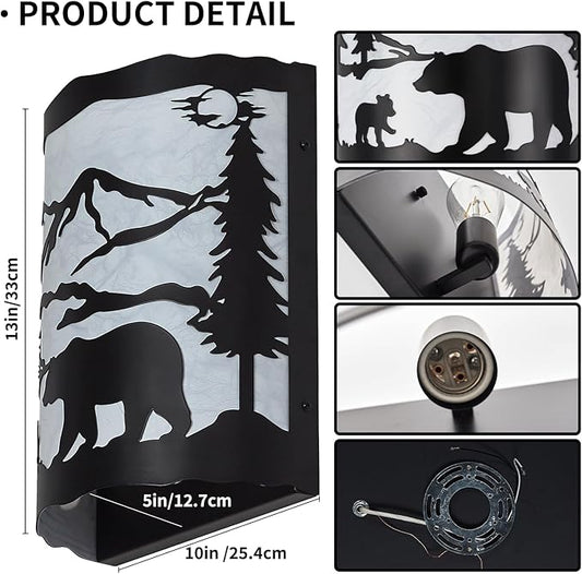 Rustic Bear Sconce Wall Lamp with Shade – E26 Base, Large Modern Farmhouse Wall Light for Bedroom, Living Room, Hallway, Stairway, Headboard, Porch-13 H*10 W*5 D(in)
