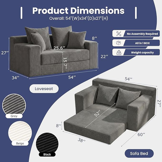 3-in-1 Convertible Sofa Bed: Boneless Loveseat Sleeper & Folding Couch Bed with 4 Pillows & Detachable Cushion for Bedroom, Small Space, Guest and Living Room, Corduroy Futon, No Assembly,Grey
