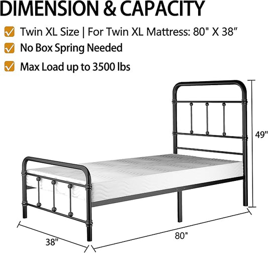 Twin XL-Bed-Frame with headboard Giselle-Vintage Antique-Metal - Platform Mattress Foundation,49 inch High,No Box Spring Needed(Black)