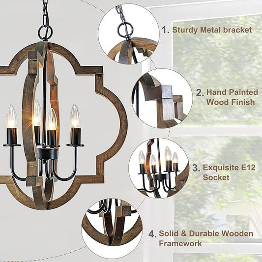19.49'' Farmhouse Wood Chandelier, 4-Light Rustic Dining Room Light Fixture, Orb Chandelier Light Adjustable Height, Pendant Lighting for Kitchen Island Foyer Living Room Over Dining Table