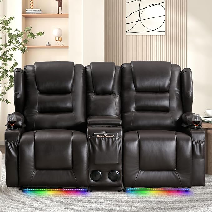 Oprisen Loveseat Power Recliner Sofa Couch Electric Reclining Sofa Chair for Living Room with Multi-Function Console/Cup Holders/LED Ambient Light