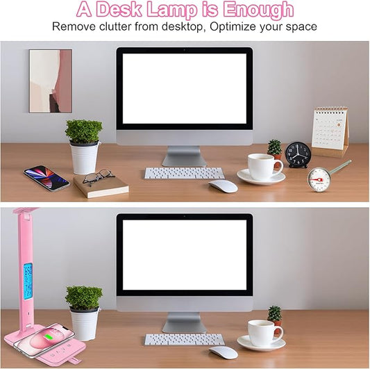 Desk Lamp with Wireless Charger,USB Charging Port, Dimmable Office Desk Light with Clock, Alarm, Date, Temperature, Foldable Lamp for Table Bedroom Bedside Office (Pink, Standard Size-13.3 inch)