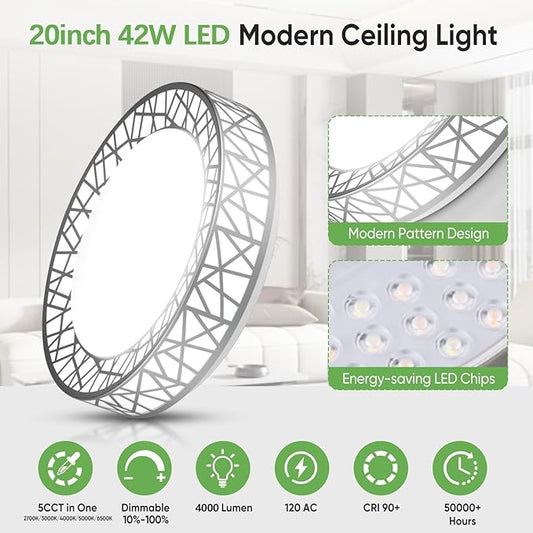 20 Inch Flush Mount Ceiling Light, Modern Brushed Nickel LED Ceiling Light Fixture, 42W 4000LM 2700-6500K Adjustable, Dimmable Ceiling Lights for Bedroom, Kitchen, Hallway, Bathroom, ETL
