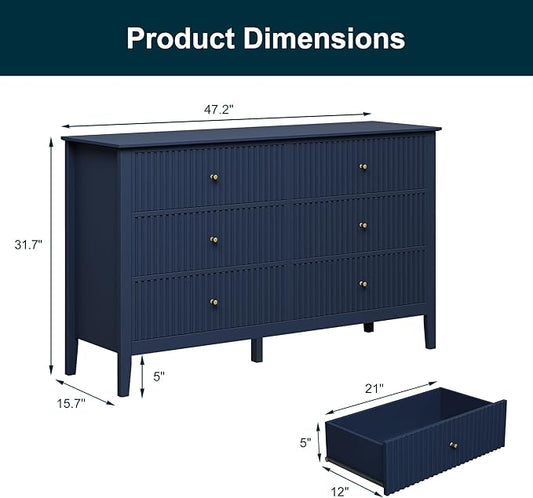 RoyalCraft 6 Drawer Dresser, Fluted Modern Wood Chest of Drawers, Long Dresser for Bedroom TV Stand Storage Cabinet for Living Room, Blue