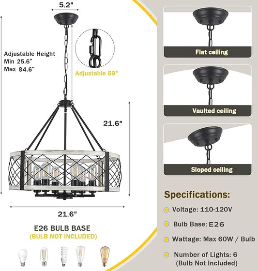 Modern Chandelier for Dining Room, 6-Light Wood Grain Finish Farmhouse Chandelier, 21.6” White Rustic Drum Hanging Light Kitchen Island, Round Metal Hanging Light Fixture for Foyer, Entryway, Bedroom