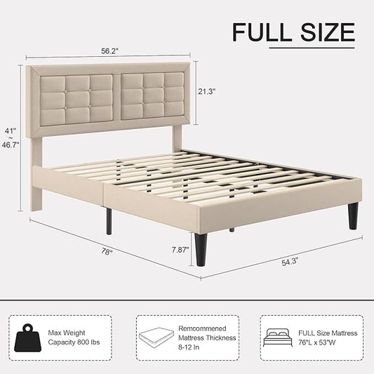 VECELO Full Size Bed Frame with Adjustable Headboard, Upholstered Button Tufted Platform Bedframe with Wood Slats Support, No Box Spring Needed, Beige