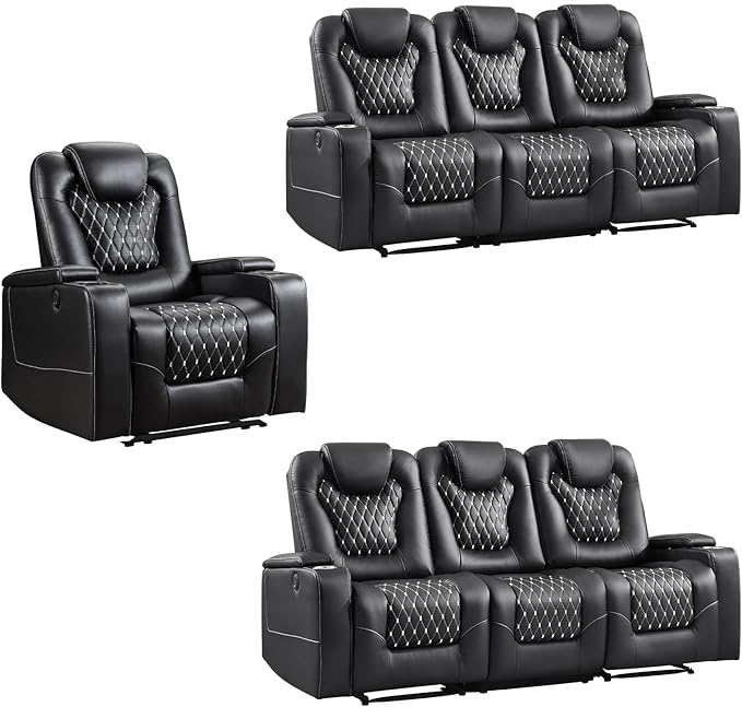 ANJ Power Recliner Sofa Set with 1 Recliner and 2PC 3 Seater Sofa, Electric Reclining PU Leather Living Room Furniture with USB Ports, Cup Holders and Hidden Arm Storage, Black