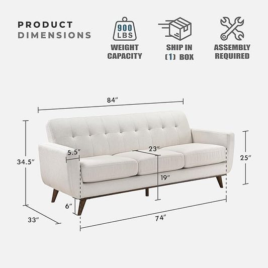 Lexicon Modern Accent Couch, Textured Fabric Upholstered Sofa with Brown Wood Legs, Track Arms, Tufted Couch Back, 3 Seater Sofa for Living Room/Office/Waiting Room, Beige