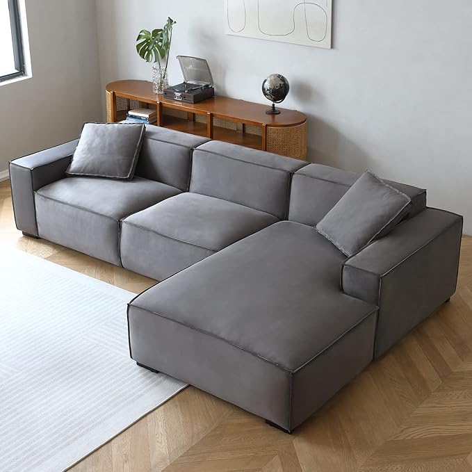 Acanva Modern L-Shaped Deep Sectional Sofa Furniture Set for Living Room Lounge, Minimalist Style Comfy Suedette Upholstery Corner Couch with Chaise, Grey