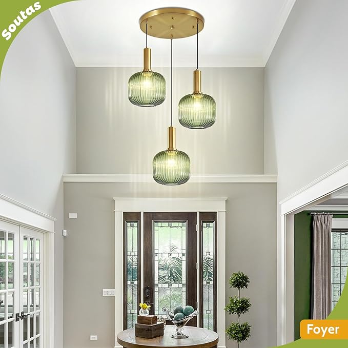 Stairwell Chandelier Green Glass Pendant Lights Kitchen Island Stripe Glass Shade Gold Dining Room Light Fixtures Mid Century 3-Light Cluster Long Chandelier for Farmhouse