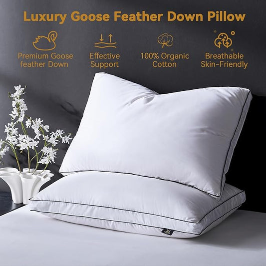 L LOVSOUL Goose Feather Down Pillow Standard Size of 1,Ultra Soft 100% Organic Cotton Fabric, 700TC,800 Fill Power, Luxury Hotel Collection Bed Gusseted Pillows for Back, Stomach or Side Sleepers