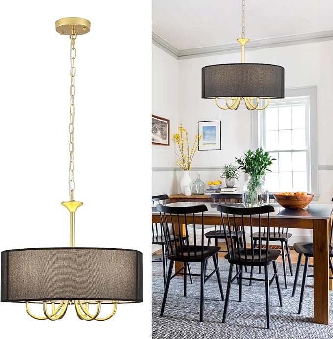 6-Light Gold Drum Chandelier, 18'' Farmhouse Dining Room Light Fixture Black Linen Drum Chandelier, Brass Round Chandelier Hanging Pendant Light for Bedroom Living Room Kitchen Foyer