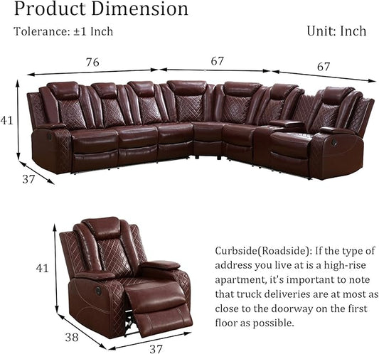 Power Reclinier Sectional Sofa Set,Brown Red Leather Reclining Sectional Modular Sofa with Chair,L Shaped Leather Couch with LED Light for Living Room/House/Apartment/Lounge(L+Chair)