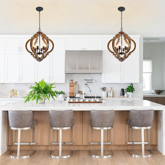 18.5" Farmhouse Chandelier for Dining Room, 6-Light Farmhouse Wood Chandelier, Rustic Dining Room Light Fixture, Rustic Pendant Lighting for Kitchen Island Living Room Bedroom Foyer