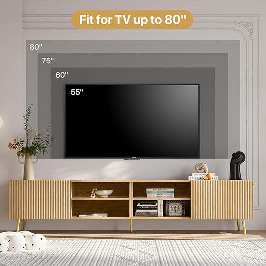 Modern 86in TV Stand for Living Room, Fluted Design Entertainment Center with Adjustable Shelves,Media TV Console Table with Storage for Bedroom,Nature