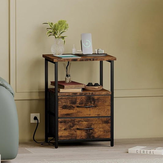 Fixwal Night Stand with Charger Station, Nightstand with Charging Station & Fabric Drawers,Rustic Brown