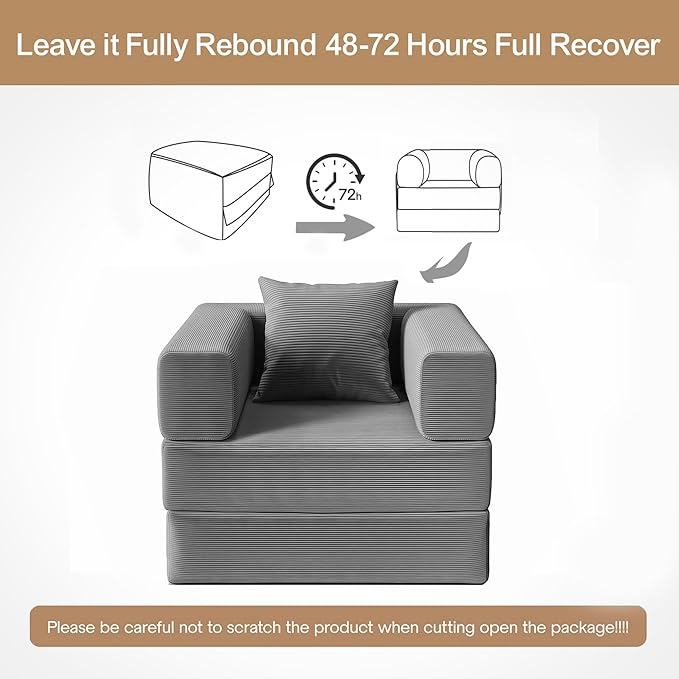 BSHOMGI 2-in-1 Floor Foldable Sofa Couch Convertible Sleeper Chaise Lounge Chair Indoor Portable Fold Out Futon Mattress with Back Support for Living Room,Bedroom (Gray, 35.43" Single Sofa)