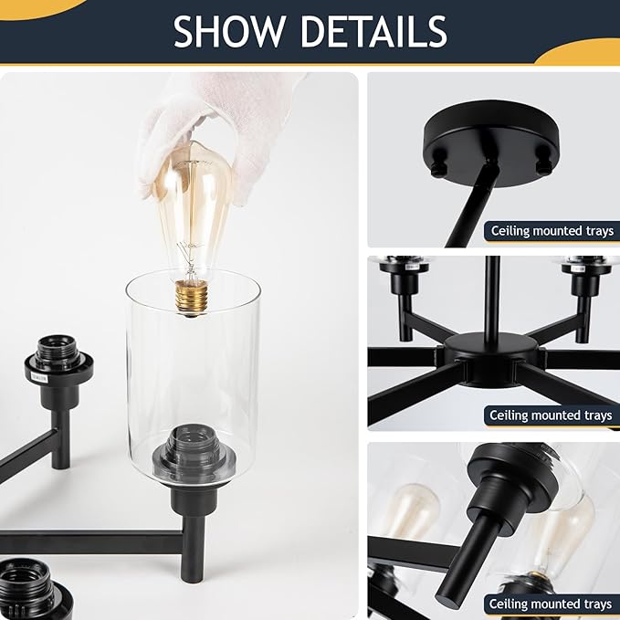 Black Chandelier, 6 Light Farmhouse Chandeliers for Dining Room Light Fixtures Over Table, Industrial Hanging Lighting with Clear Glass Shade for Living Room Kitchen Island Bathroom Entryway Bedroom