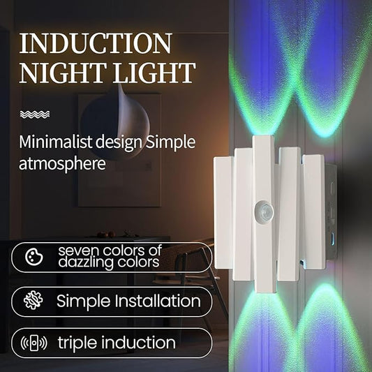 Rechargeable Motion Sensor Wall Sconce, Battery Operated Indoor Night Light with Magnetic Mount, RGB Colorful LED Ambient Lighting for Hallway, Stairs, Bathroom & Kids Room (USB-C)