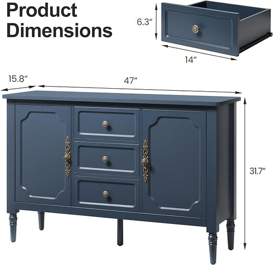 RoyalCraft Buffet Cabinet with 3 Drawers & 2 Doors, Vintage Sideboard with Storage, Mid Century Modern Painted Coffee Bar Table for Entryway, Living Room, Dining Room, Blue