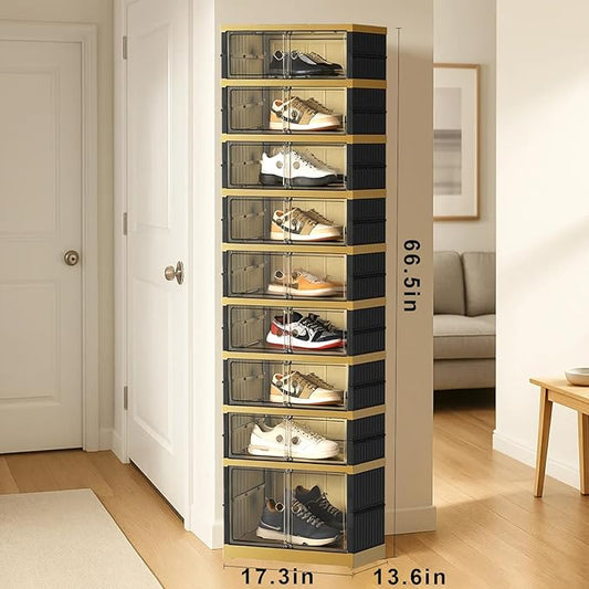 Portable Shoe Rack Organizer 9 Tiers 18 Pairs Collapsible Shoe Cabinet Foldable Shoe Storage Boxes Magnetic Doors, Folding Sneaker Organizer, Easy Assembly Shoe Shelf for Closet, Black Gold