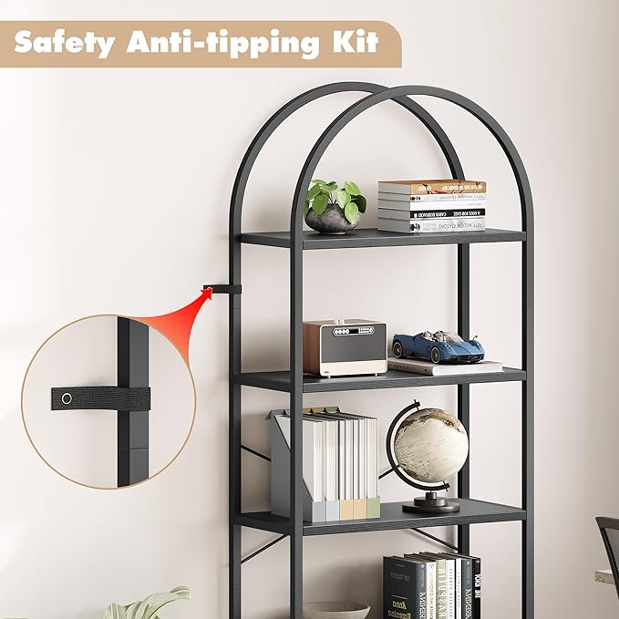 CABIHOME Bookshelf Tall Bookcase Arched Standing Bookshelves Modern Display Racks 5 Tier Storage Rack Shelf Large Wood Book Shelf for Bedroom, Living Room, Home Office