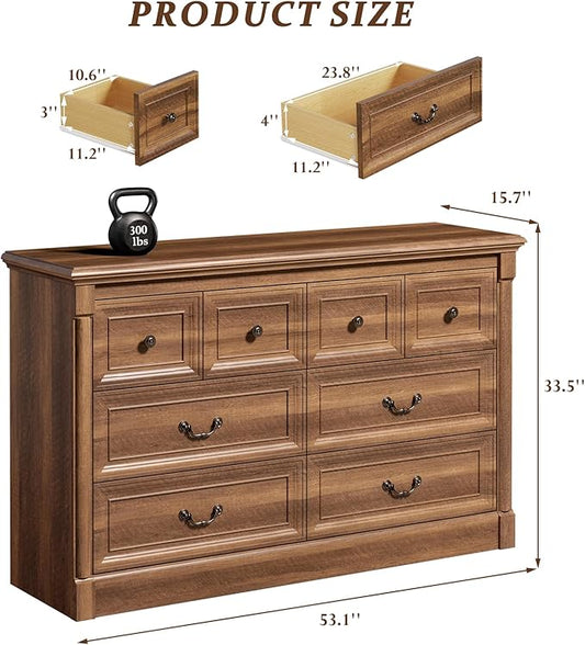 Concho Farmhouse 8 Drawers Dresser for Bedroom, 53'' Wide Wood Chest of Drawers with Spacious Deep Storage Space, Rustic Storage Dressers Organizer, TV Stand for Living Room, Bedroom, Rustic Brown