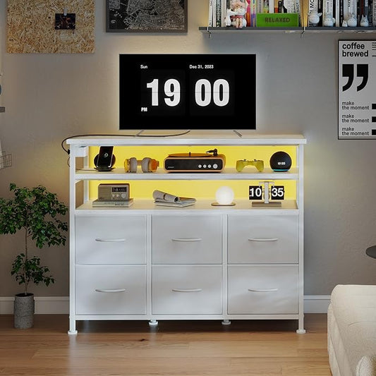 DUMOS TV Stand for Up to 45 inch TV, Wood Top TV Media Console Table with 6 Fabric Drawers, 2 Shelves, Entertainment Center with LED Lights & Charging Station for Living Room, Hallway, White
