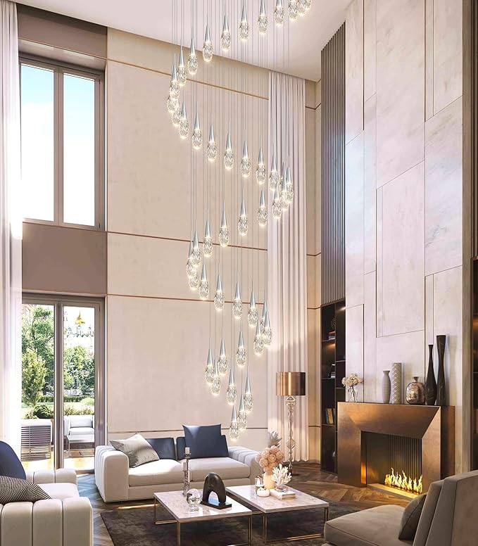 46-Lights 19 Feet Large Modern Chandelier LED Light Fixtures High Ceiling Long Light Chandelier for Entrance Foyer Dimmable Lights with Remote Living Room Ceiling Pendant Lighting Shine Silver