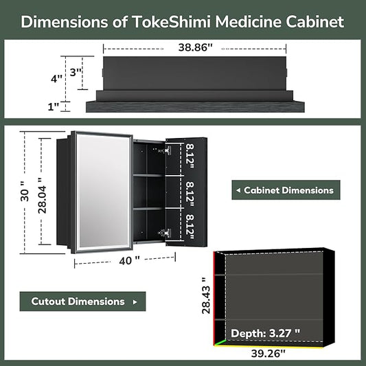 TokeShimi 40x30 Beveled Mirror with Storage Bathroom, Black Recessed Medicine Cabinet with Mirror Aluminum, Wall Mount Metal Recessed Medicine Cabinets for Bathroom