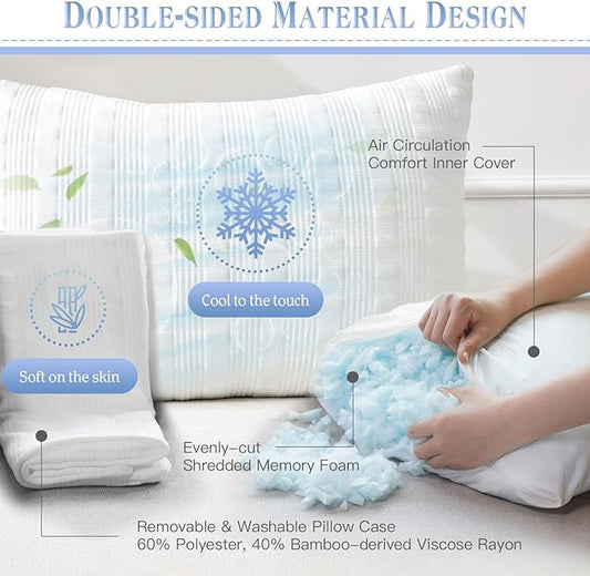 Meoflaw Cooling Pillows for Sleeping Queen Size,Shredded Memory Foam Bed Pillow with Double Sided Material Pillow Case,Adjustable Loft-Slow Rebound Queen Pillow for Side & Back Sleeper