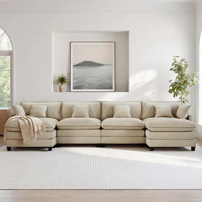 KISLOT 157" Oversized Modular Sectional Sofa,U-Shaped Cloud Couch with Movable Ottoman,Thick Cushions,6 Deep Seats with 6 Throw Pillows Sofa Couch Set for Living Room, Bedroom | Wood Frame