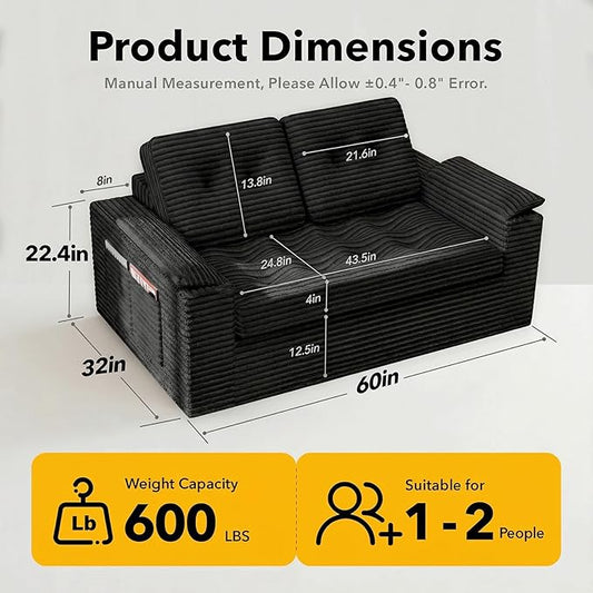 Boneless Loveseat Sofa, 60in Cloud Couch Sofa for Living Room 2 Seater Modern Lounge Sleeper Couch with Removable Cover Corduroy with Armrest, Seat Cushion & Pillows for Small Spaces, Black