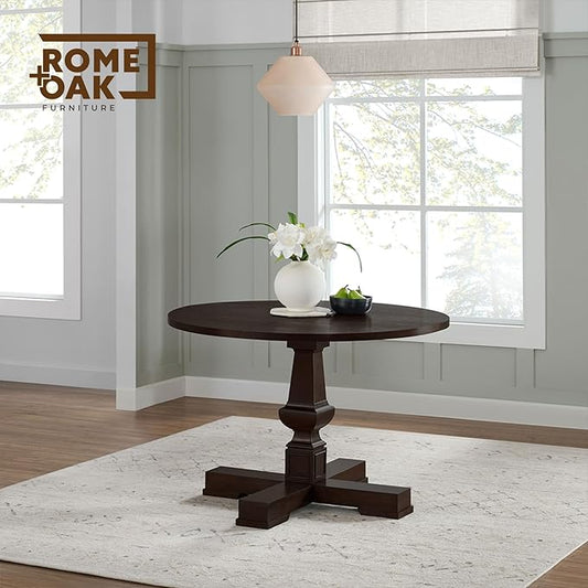 ROME + OAK Rumson Modern Dining Table, 44-Inch Round Tabletop with Sturdy Pedestal Base, Dark Brown - Natural Wood Furniture Piece for Homes